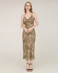 Leopard Print Maxi Silk Dress with Spaghetti Straps