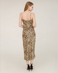 Leopard Print Maxi Silk Dress with Spaghetti Straps
