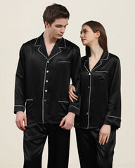 Long Silk Pajama Set For Couples, Black