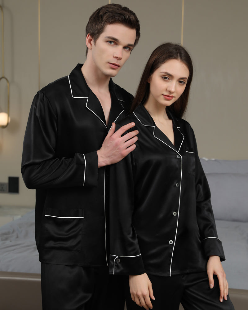 Long Silk Pajama Set For Couples, Black