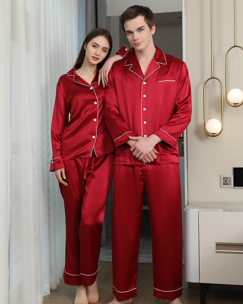 Long Silk Pajama Set For Couples, Red