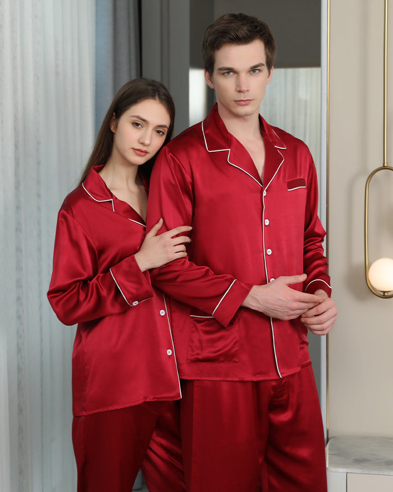 Long Silk Pajama Set For Couples, Red