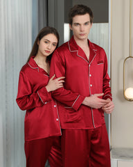 Long Silk Pajama Set For Couples, Red