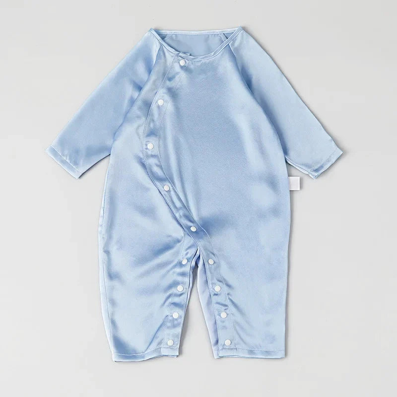 Long Sleeve Button Down Baby Silk Onesies, Blue