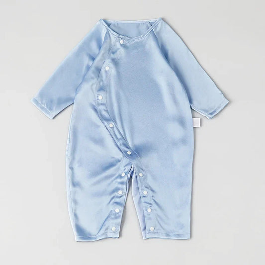 Long Sleeve Button Down Baby Silk Onesies, Blue