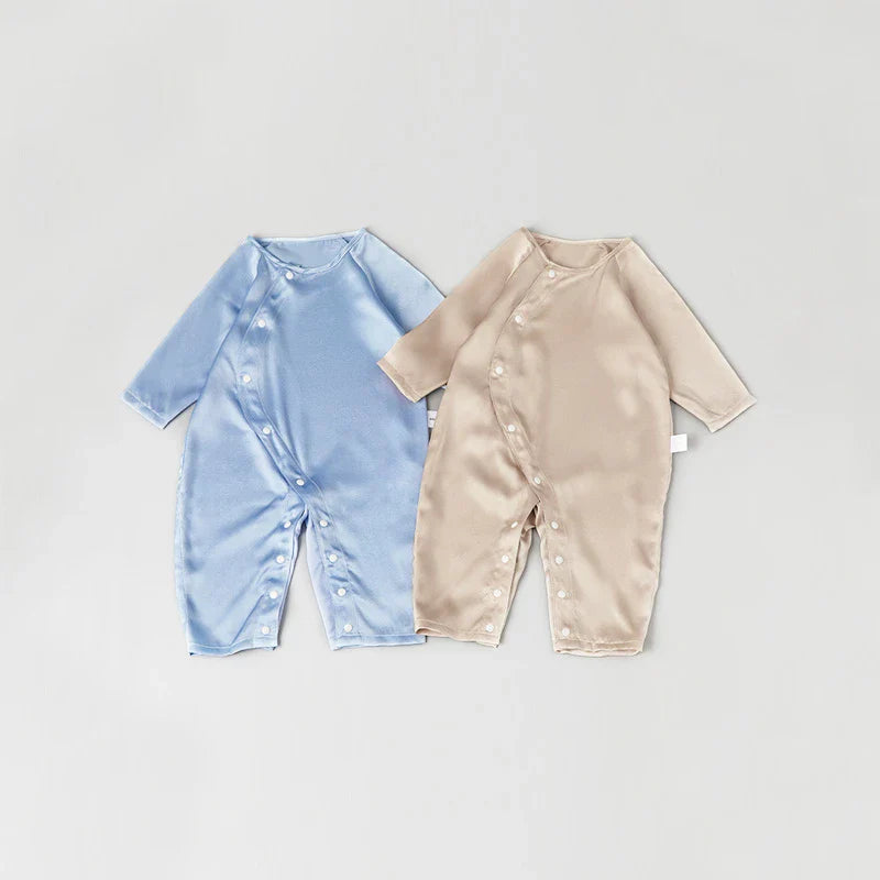 Long Sleeve Button Down Baby Silk Onesies, Blue