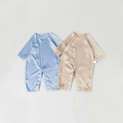Long Sleeve Button Down Baby Silk Onesies, Blue
