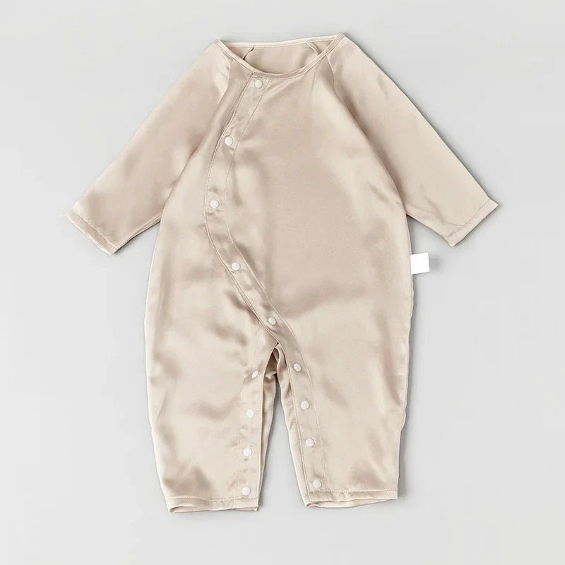 Long Sleeve Button Down Baby Silk Onesies, Champagne
