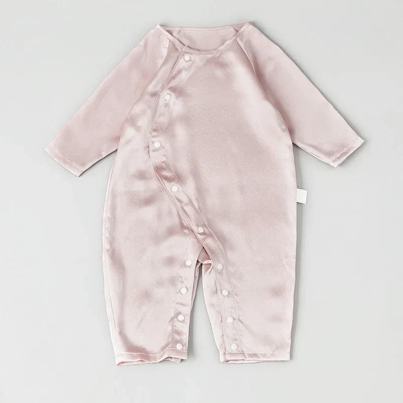 Long Sleeve Button Down Baby Silk Onesies, Pink