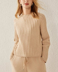 Long Sleeve Ribbed Cashmere Sweater, Camel