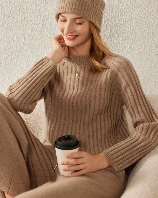 Long Sleeve Ribbed Cashmere Sweater, Dark Camel