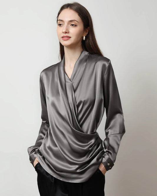 Long-Sleeve V-Neck Wrap Silk Shirt