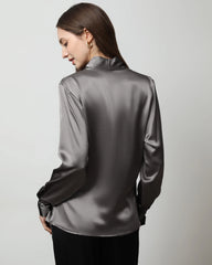 Long-Sleeve V-Neck Wrap Silk Shirt