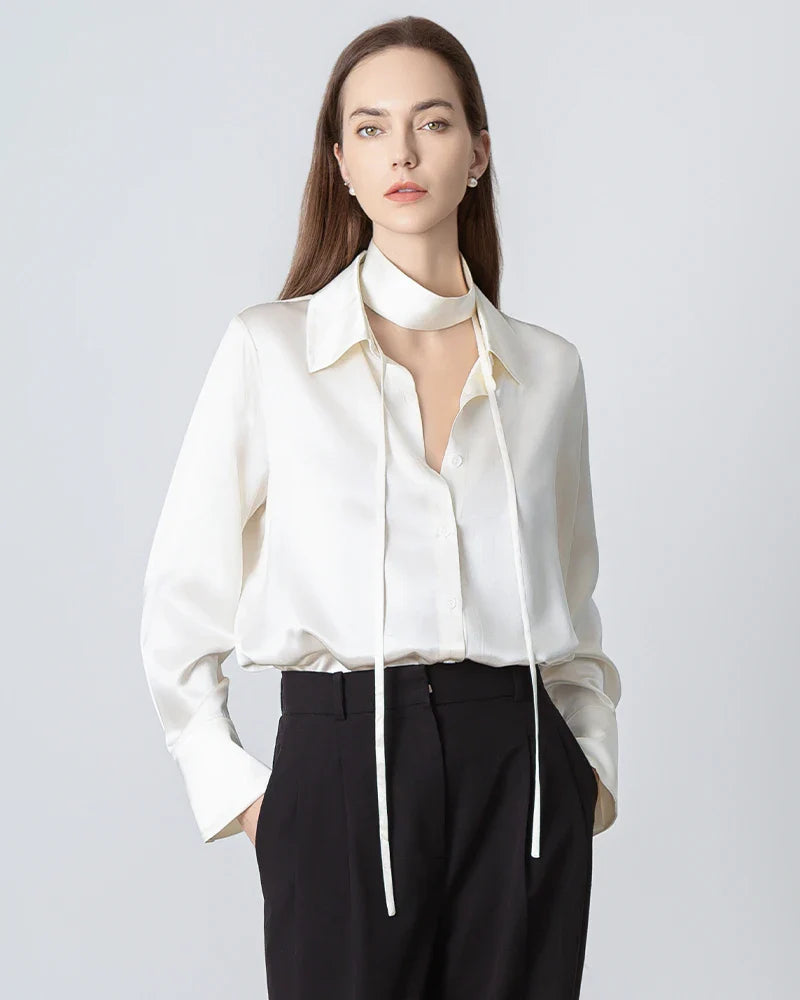Women's Loose Tie Neck Silk Shirt, White