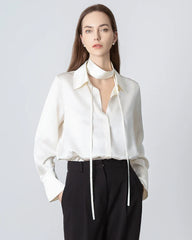 Women's Loose Tie Neck Silk Shirt, White