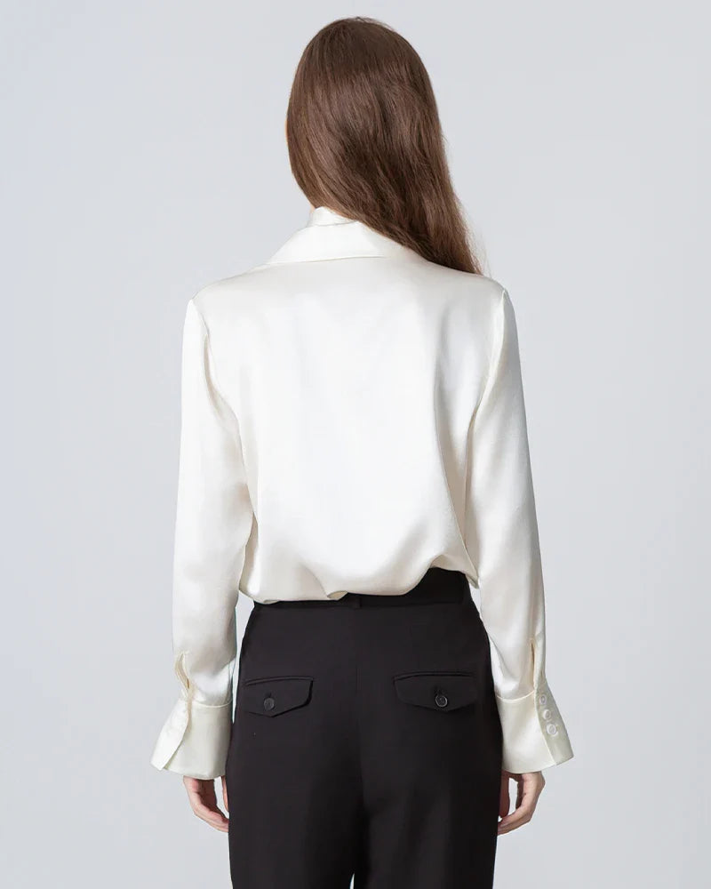 Women's Loose Tie Neck Silk Shirt, White