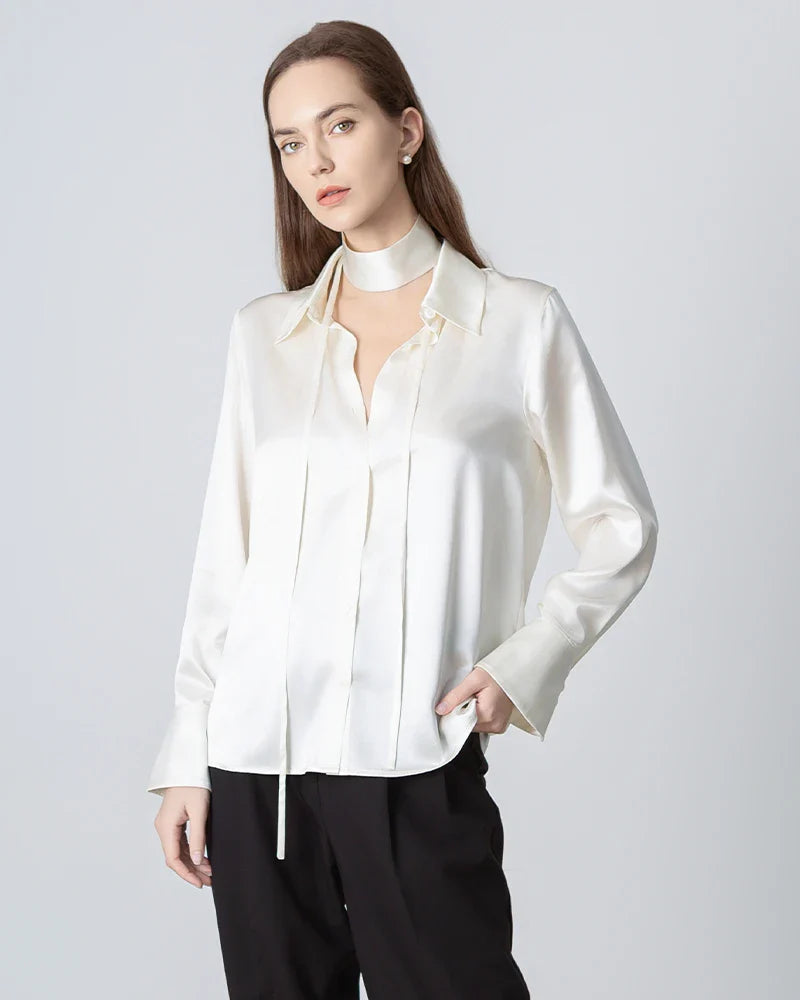 Women's Loose Tie Neck Silk Shirt, White