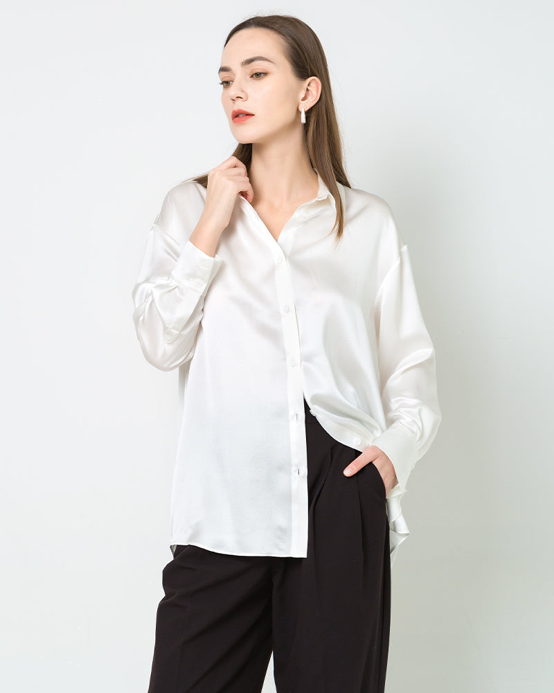 Relax Drop Shoulder Oversize Silk Shirt Ivory