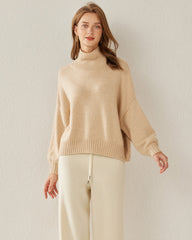 Luxe Oversized Cashmere Turtleneck Sweater, Beige