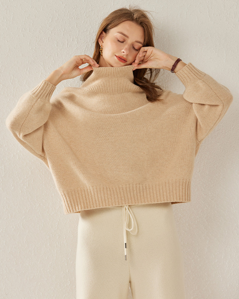Luxe Oversized Cashmere Turtleneck Sweater, Beige