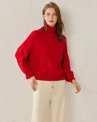 Luxe Oversized Cashmere Turtleneck Sweater, Red