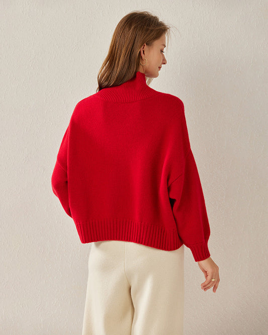 Luxe Oversized Cashmere Turtleneck Sweater, Red
