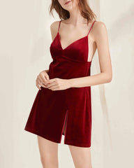 Side Slit Silk Velvet Nightgown, Burgundy