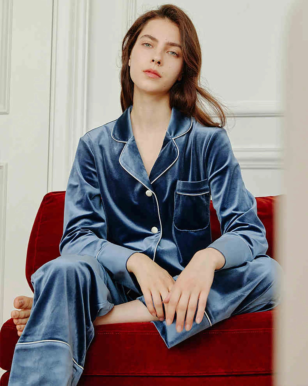 Women's Silk Velvet Pajama Set, Blue