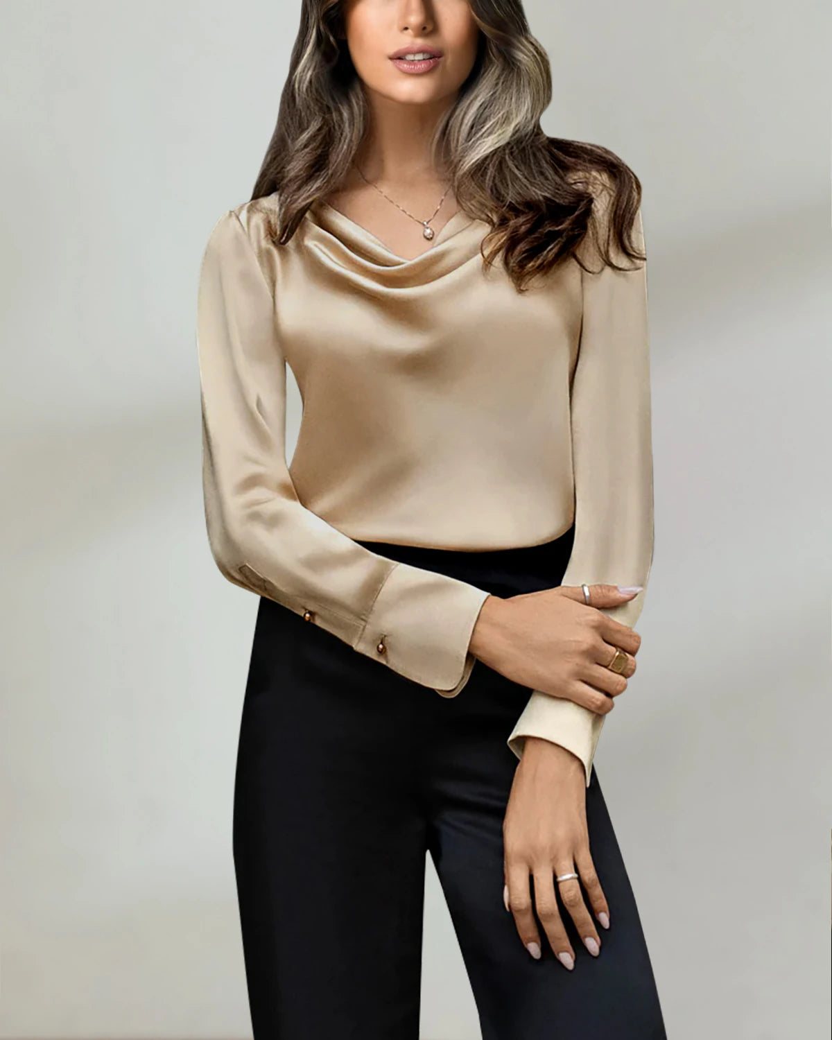 25 Momme Cowl Neck Silk Blouse, Champagne