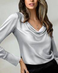 25 Momme Cowl Neck Silk Blouse, Silver Grey