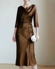 30MM Silk Cowl Neck Dress, Brown