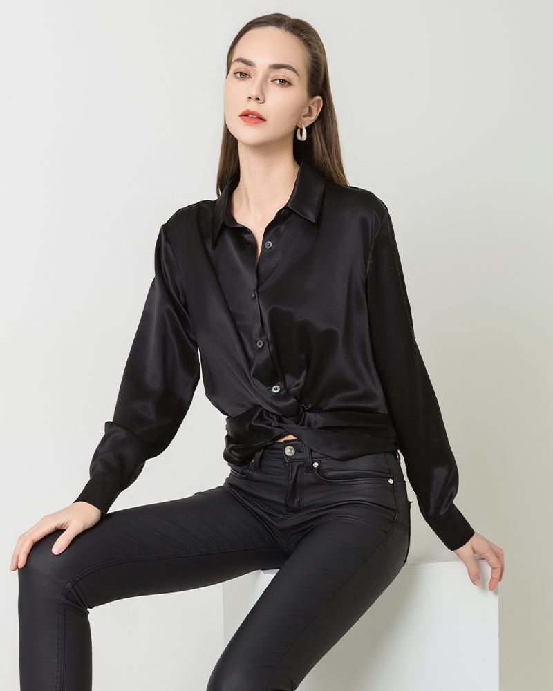 Hem Pleated Silk Blouse, Black