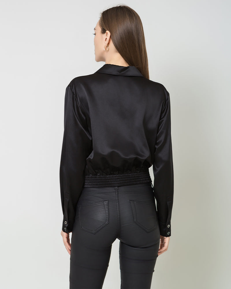 Hem Pleated Silk Blouse, Black