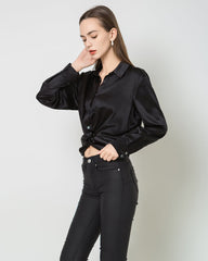 Hem Pleated Silk Blouse, Black
