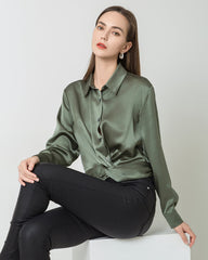 Hem Pleated Silk Blouse, Green