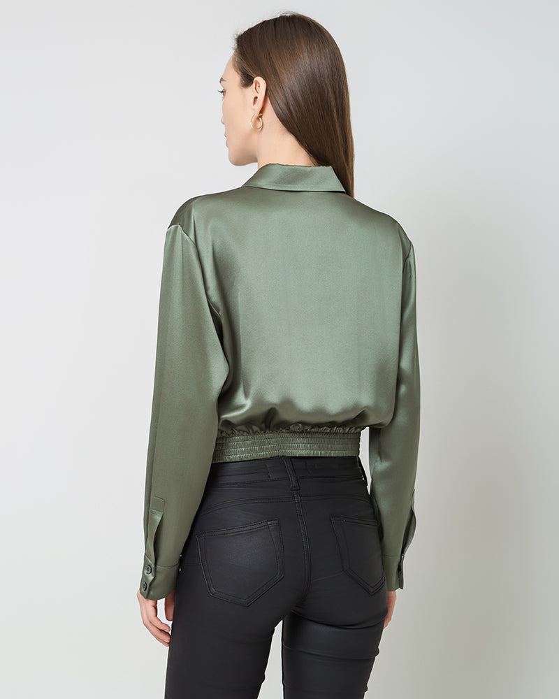 Hem Pleated Silk Blouse, Green