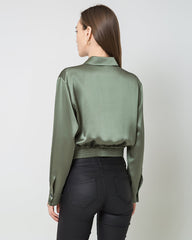 Hem Pleated Silk Blouse, Green