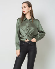 Hem Pleated Silk Blouse, Green