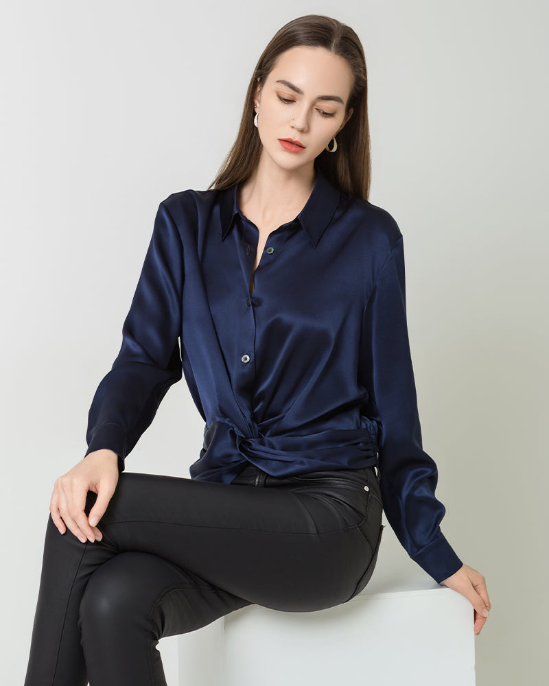 Hem Pleated Silk Blouse, Navy