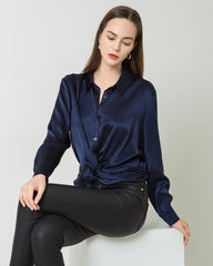 Hem Pleated Silk Blouse, Navy
