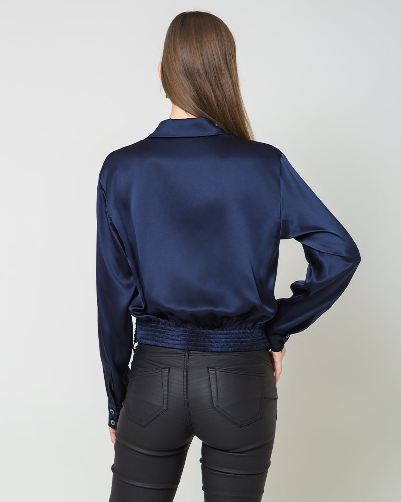 Hem Pleated Silk Blouse, Navy