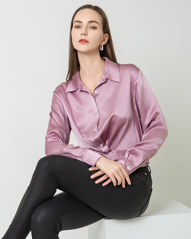 Hem Pleated Silk Blouse, Pink