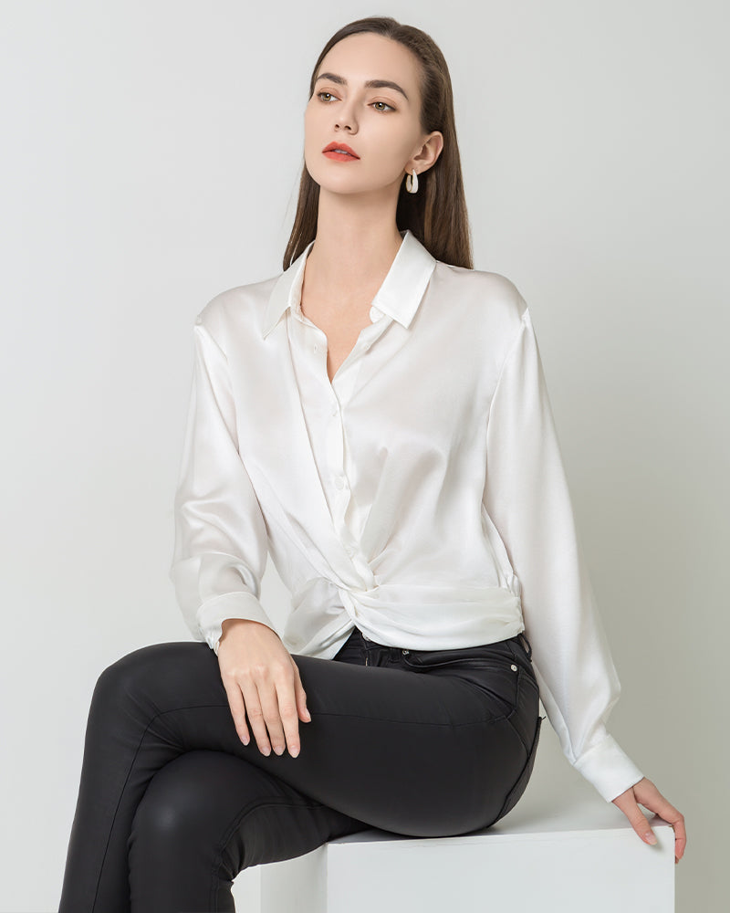 Hem Pleated Silk Blouse, White
