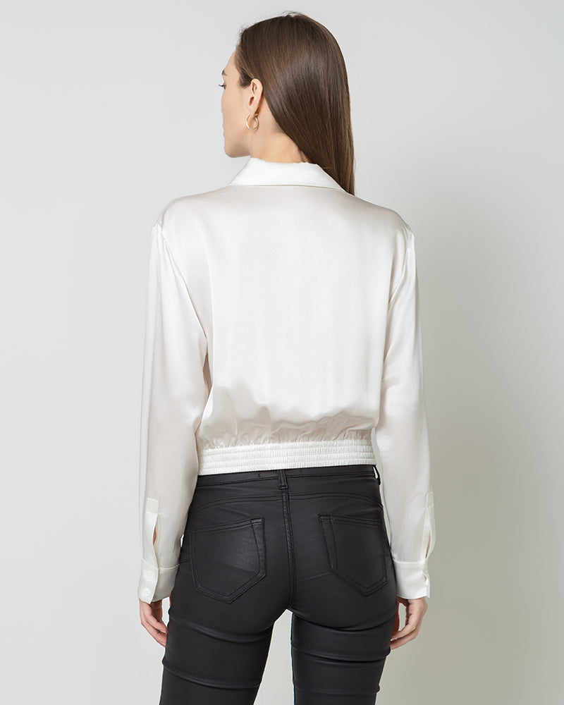 Hem Pleated Silk Blouse, White