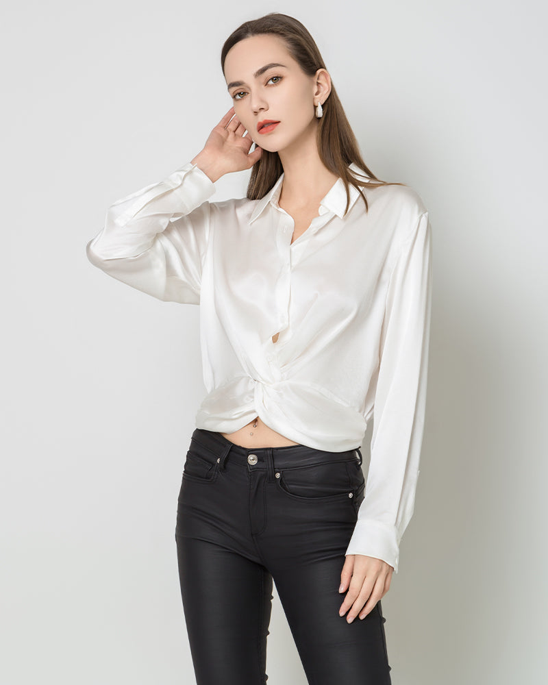 Hem Pleated Silk Blouse, White