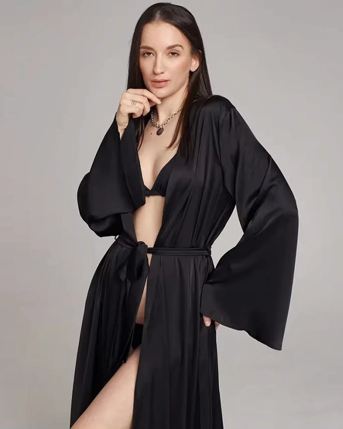 Luxury Long Silk Robe For Women, Black