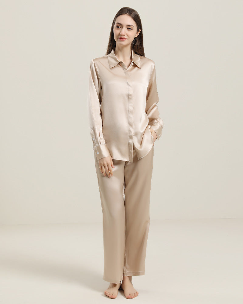 Luxury Silk Shirt Pajama Set, Champagne