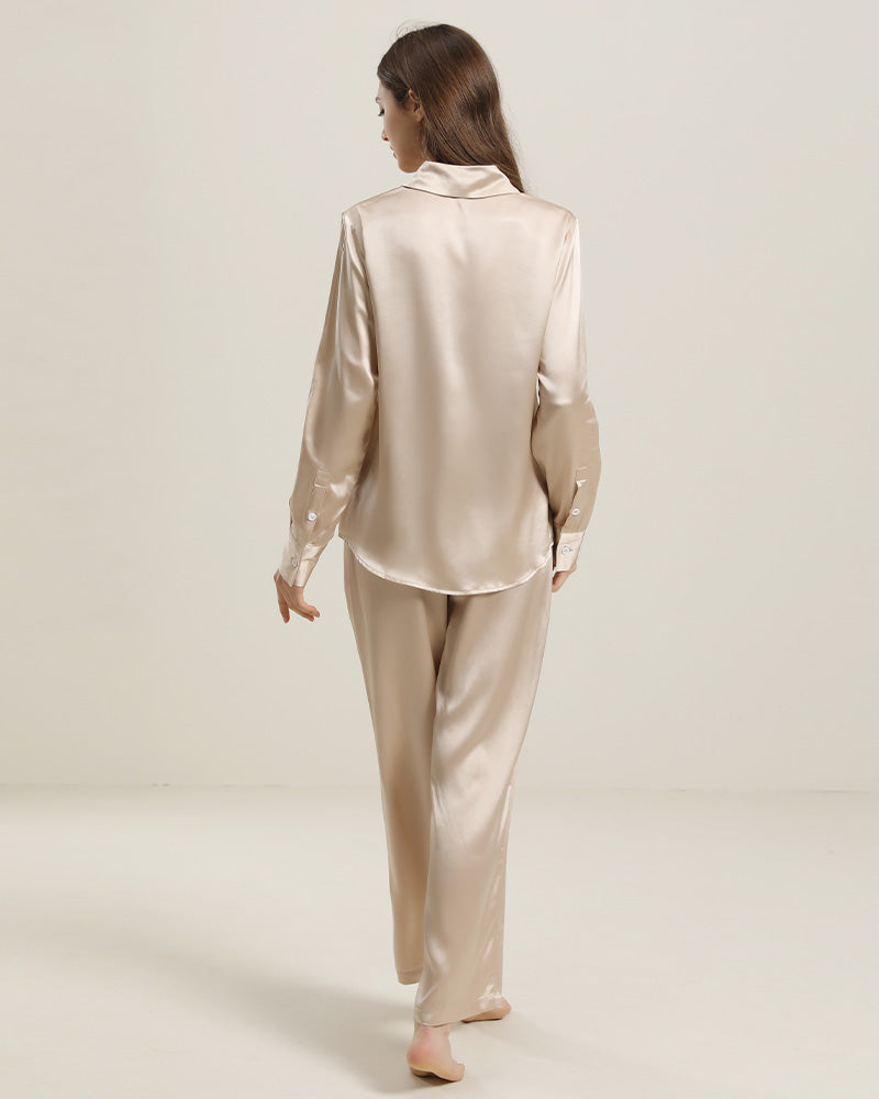 Luxury Silk Shirt Pajama Set, Champagne