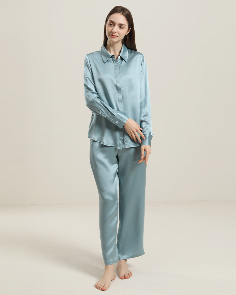 Luxury Silk Shirt Pajama Set, Haze Blue