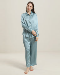 Luxury Silk Shirt Pajama Set, Haze Blue